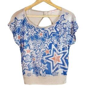 Mauve Star Print Sequin Top Blue Beige Small Open Back Short Sleeve Patriotic